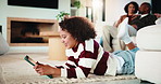 Girl, child and relax in house with tablet, play online game and reading ebook with family on weekend. Kid, chill and gaming website in living room with digital tech, search story and entertainment.