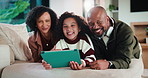 Family, face and bonding with tablet in living room for movies, streaming or internet show for subscription. Parents, girl and tech for entertainment, video and portrait in home for weekend together
