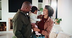 Happy, parents and bonding with baby in lounge, African people and connection with daughter in home. Laughing, mature dad and mom with little girl, discussion and smile for infant growth in house