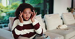 Headache, eye strain and child in home with pain for wrong glasses, tired and massage temples. Sofa, girl and kid with migraine in living room, fatigue and stress with poor vision or brain fog