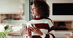 Phone, thinking and girl in home with typing for networking, social media or communication. Technology, smile and teenager on cellphone for texting, chatting or contact on mobile app in house