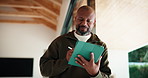 Writing, black man and tablet in office for reflection, real estate and property research for auction. Mature realtor, tech and notes for expansion negotiation, resale opportunity or viewing schedule