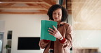 Writing, woman and tablet in office for reflection, real estate and property research for auction. Realtor, digital tech and notes for expansion negotiation, resale opportunity or viewing schedule