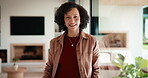 Face, confident or woman with laugh in lounge, real estate or apartment staging for property promotion. House viewing, mature or African realtor with pride for rental management, happy or portrait