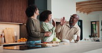 High five, parents or girl in kitchen for meal prep, teaching or nutrition knowledge development. Glasses, learning or African people with happy child for bonding, healthy food or support in home