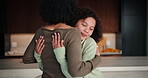 Daughter, embrace and mother in kitchen of home for connection, holding hands or laughing as family. Bonding, funny and love with girl child hugging single parent woman in apartment or support