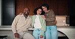 Love, parents and kid in house with face, unity hug or bonding together on weekend break. Portrait, smile or African people with embrace, family connection or happy moment in healthy relationship.