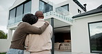 New home, couple and hug outdoor, love and happy for property investment with support together. African man, mature woman and back for real estate opportunity with embrace, mortgage and dream house