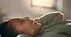 Relax, music and singing with headphones of happy girl in bed for audio streaming in home. Child, kid or teenager lying with smile for online subscription, sound app or song playlist in bedroom