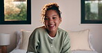 Bedroom, face and girl with comfort, relax and confident in home for holiday or weekend. Happiness, portrait and child or person chilling on bed for safety, leisure and self care in family house