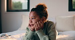 Thinking, smile and relax with child in bedroom in home for vision, reflection and daydreaming. Inspiration, future and perspective with girl in apartment for wondering, weekend break and peace