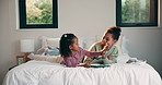 Teaching, tablet and siblings in bedroom with support, bonding or high five for reading. Happy, relax and girl with child for well done in online learning, development or educational app in home