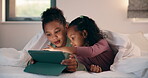 Love, sisters and relax with tablet on bed for movie selection, cartoon search and bonding together. Siblings, children and blanket with tech in home for online film, series choice and relationship