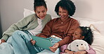 Support, family and laugh with tablet on bed for comedy movie, watching film or weekend break. African people, happy kids and relax with mom in home for funny series, app subscription and connection