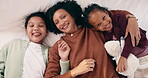 Relax, above and face of mother and children in bedroom for bonding, support and weekend break. Happiness, connection and love with woman and kids lying in family home for trust and laughing