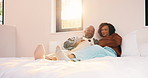 Relax, phone and couple on bed with smile, communication or subscription service in home. Talking, bonding and happy man and woman with mobile for social media, conversation or funny post on weekend