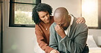 Depression, hug and couple in bedroom with sadness, grief or mental health at home. Stress, anxiety and wife with compassion, love and empathy for man in mourning, emotional crisis or crying
