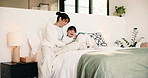 Mother, child and laugh with tablet on bed for fun drawing app, development and creative game. Funny family, happy mom and kid with tech in home for online art puzzle, digital gaming and connection