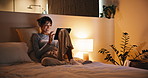 Night, bedroom and woman laughing on tablet for social media, post or funny meme in home. Relax, apartment and person on digital tech with scroll, internet or subscription service on weekend