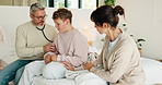 Sick, breathing and doctor with child in bed for consultation, medical service and diagnosis. Family, pediatrician and man with boy with chest infection, illness and sick for healthcare and wellness