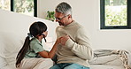 Home, child and pretend doctor with dad, role play and check heart beat with toy stethoscope on bed. Family, high five and mature man with daughter in bedroom, game or fake medical equipment in house