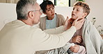 Sick, home and doctor with child in bed for consultation, medical service and diagnosis. Family, pediatrician and man with boy with throat infection, illness and sickness for healthcare and wellness