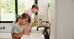 Bathroom, oral health and kids with toothbrush, brushing teeth and cavity prevention with toothpaste. Clean, mouth and children with dental care tools for fresh breath, wellness and hygiene in home