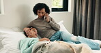 Sick, phone call and mother with daughter in bedroom for telehealth, healthcare and disease check. Medical, illness and schedule doctor appointment with woman and child in family home for recovery