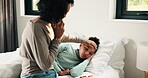 Disease, phone call and mother with daughter in bedroom for telehealth, healthcare or sickness check. Medical, illness and schedule doctor appointment with woman and child in family home for recovery