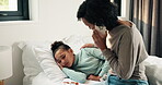 Flu, phone call and mother with daughter in bedroom for telehealth, healthcare and disease. Medical advice, illness and schedule doctor appointment with woman and child in family home for recovery