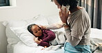 Illness, phone call and mother with daughter in bedroom for telehealth, healthcare and disease. Medical advice, virus and schedule doctor appointment with woman and child in family home for recovery
