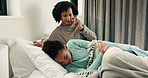 Fever, phone call and mother with daughter in bedroom for telehealth, healthcare and disease check. Medical, illness and schedule doctor appointment with woman and child in family home for recovery