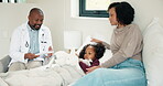 Doctor, help and mother with daughter in bedroom for consulting, medical advice and virus. Treatment, healthcare and influenza with woman and child with pediatrician in home for disease and sickness