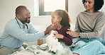 Mom, doctor or child with teddy bear for home visit, exam or health checkup in bedroom. Mother, healthcare worker or pediatrician with girl in bedroom for medical illness or swollen lymph nodes