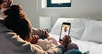 Mother, child and video call with phone for doctor consultation, medical advice or telehealth app. Mom, daughter and online meeting in home with pediatrician, tech and contact for checkup discussion.