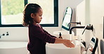 Health, washing hands or kid in house with water, bacteria removal or child growth in wellness routine. Safety, clean or girl with disinfection, virus prevention or hygiene in childhood development.