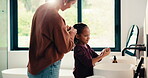 Health, mother and kid in home with washing hands, germ protection or teaching wellness with hair routine. Support, flare or family with grooming, bacteria prevention or childcare in hygiene habit.