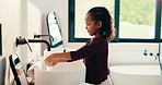Health, washing hands or kid in home for wellness, bacteria removal or child growth in cleaning routine. Safety, towel or girl with disinfection, virus prevention or hygiene in childhood development.