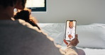 Mom, doctor and sick child with phone screen for video call consultation, medical advice or telehealth. Mother, daughter and online meeting in home with pediatrician, tech or contact for flu symptoms