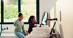 Laughing, children or girls brushing teeth in bathroom, oral hygiene or cleaning for morning routine. Grooming, happy sisters and kids with joke for dental care, getting ready and bonding in home