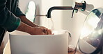 Health, washing hands or person in home with soap, bacteria removal or sanitation in wellness routine. Safety, clean or man with disinfectant, germ protection or hygiene habit in virus prevention.
