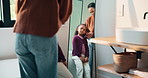 Mirror, hair care and mother with child in bathroom, grooming routine and support for wellness. Morning hug, reflection and happy woman with girl for getting ready, hairstyle and bonding in home