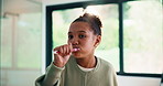 Dental, face or kid in house with toothbrush, cavity prevention or oral care in child growth. POV, flare or girl in bathroom with tool, bacteria reduction or hygiene routine in childhood development.