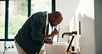Dental, toothbrush or black man in home for wellness, cavity prevention or oral care in morning routine. Health, mouth or mature person with tool, bacteria reduction or hygiene habit at start of day.