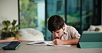 Learning, writing and child on tablet in home for online education, practice and language. Homework, tech and boy with notes, digital streaming or virtual spelling test for development and knowledge