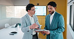 Tablet, meeting and business people with data analysis, growth or online metrics for strategy. Analyst, discussion and team talking for digital collaboration, advice or performance report in office