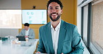 Face, happy and business man with tablet for data analysis, research and performance review. Smile, typing and digital analyst with stats, metrics or online report for growth or revenue in office