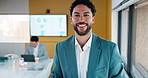 Business, face or man in office with tablet, confidence or ambition in budget analysis. Meeting, smile or finance analyst in boardroom with tech, about us or opportunity in revenue management.
