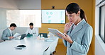 Thinking, business or woman in office with tablet, forecast planning or budget analysis in funding pitch. Meeting, data or mature analyst with tech, finance insight or investment ideas in proposal.