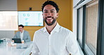 Business, face or man in office with smile, confidence or ambition in budget analysis. Meeting, portrait or finance analyst in boardroom with tablet, about us or opportunity in revenue management.
